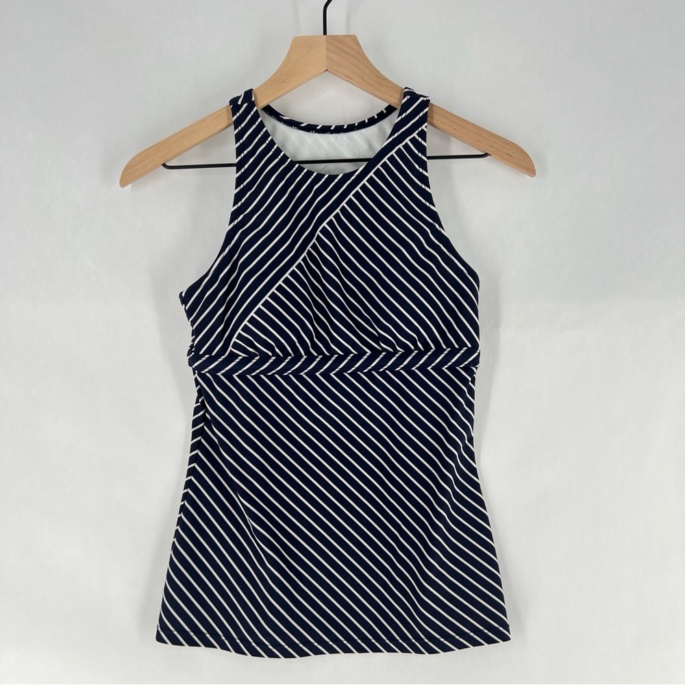 Athleta Offshore Tankini Navy Stripe Sleeveless Fitted Cage Back Swim Tank XS
